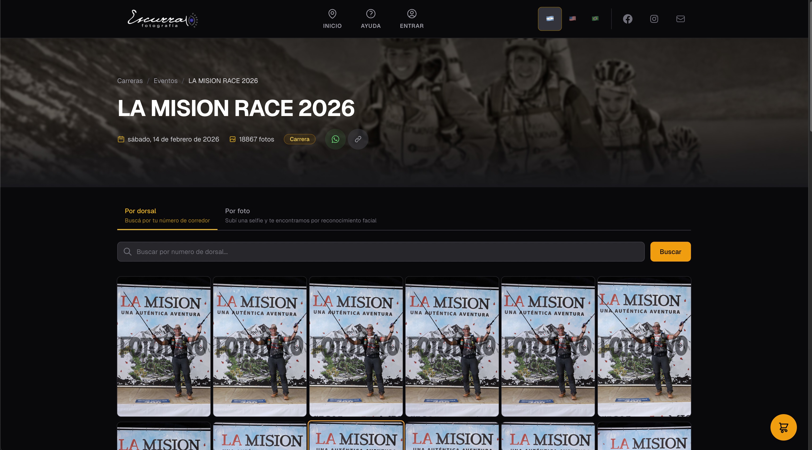 Foto Escurra event page — dorsal search and photo gallery