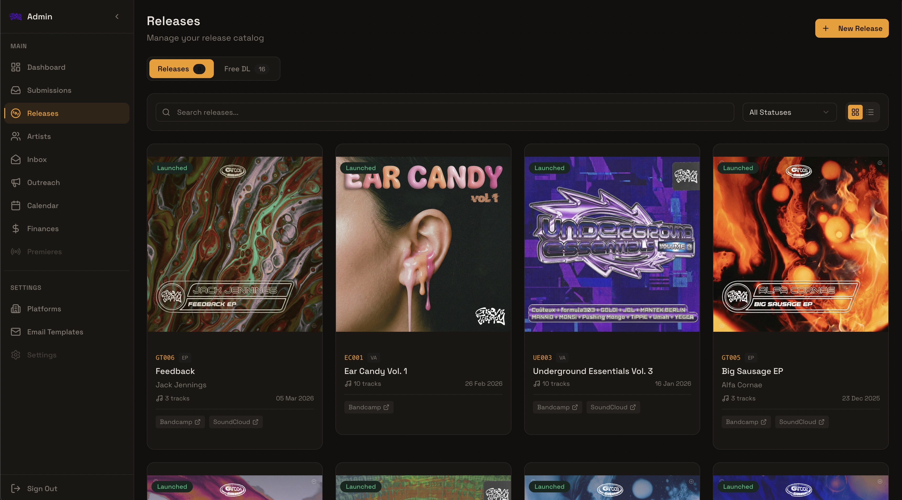 Groove Therapy admin dashboard — submissions, releases, and label management