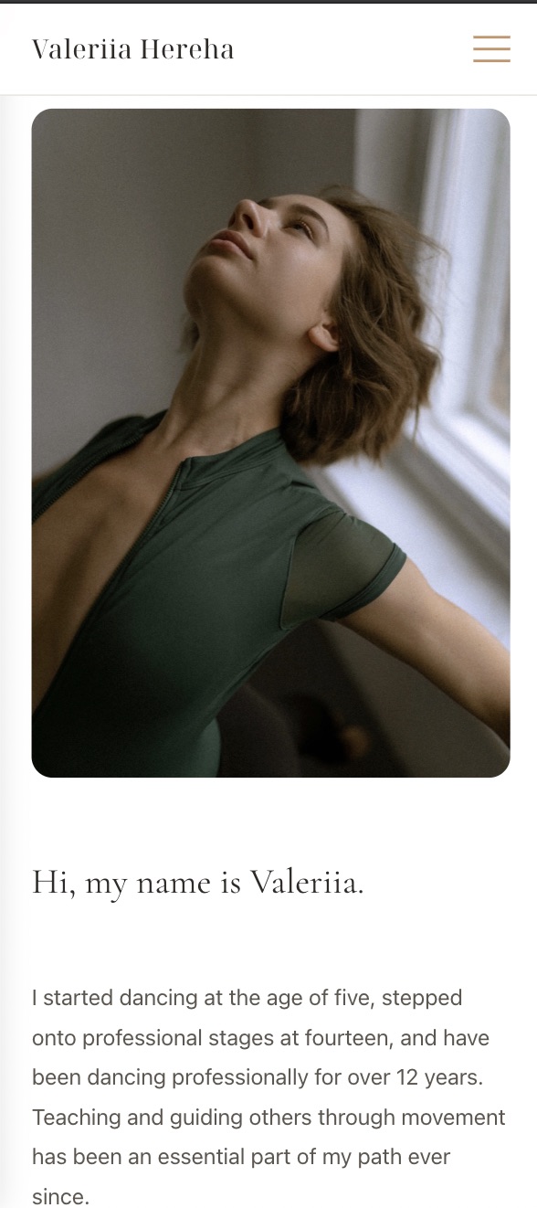Valeriia Hereha — about page on mobile